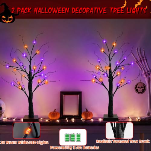 Indoor Halloween Tree Decorations 2 Pack - 24 Inch Black Lighted Trees with Orange & Purple Lights - Variation of Halloween Tree