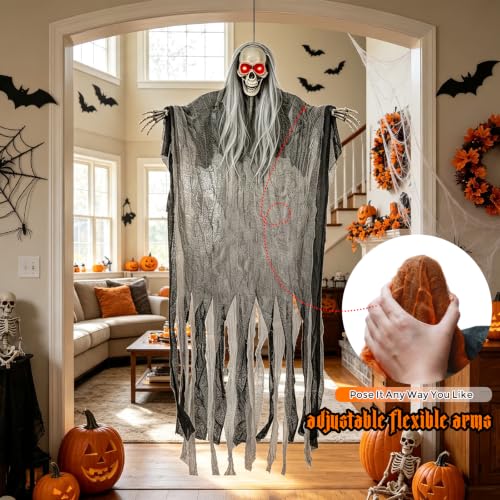 Halloween Hanging Skeleton Ghost Decorations Set with Light Up Red Eyes - Multicolor