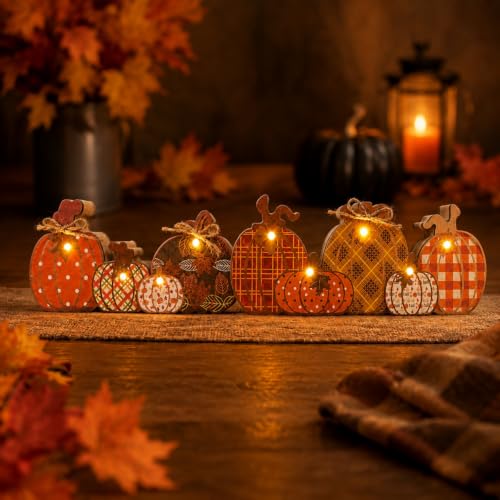 Halloween Pumpkin Decor with Light - Rustic Wooden Fall Centerpiece, Orange