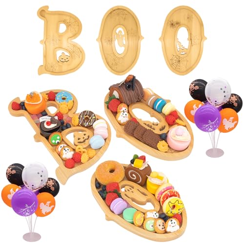 Halloween Wooden Charcuterie Board Set - BOO Letters with 14 Balloons - Party Table Decor