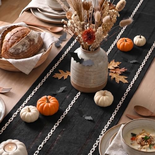 Black Rustic Cotton Linen Table Runner - 13x108 Inch Halloween Decor