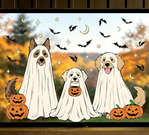 Halloween Window Clings 3pcs Dog Ghost Design Static Decals for Glass Doors & Windows - White, Yellow, Brown