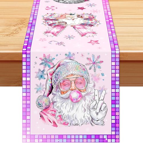 Disco Ball Christmas Table Runner - Santa Claus Bow Holiday Decor