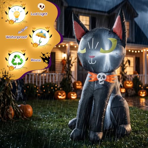 Inflatable Black Cat Halloween Decoration with LED Lights & Skeleton Badge - 4ft