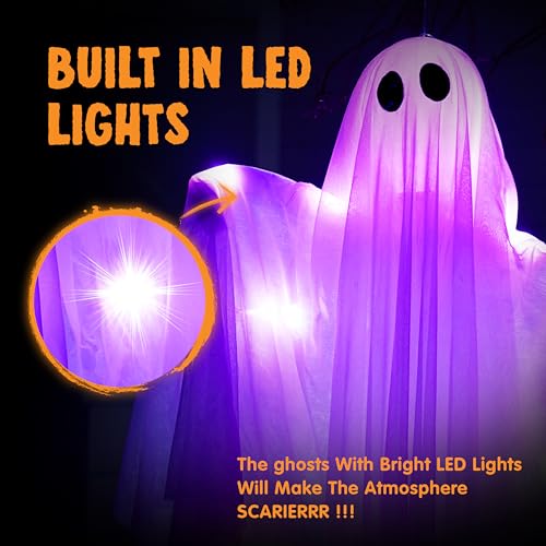 Purple 47-Inch Light-Up Hanging Ghost Decorations - Halloween Outdoor Yard Decor Set of 2