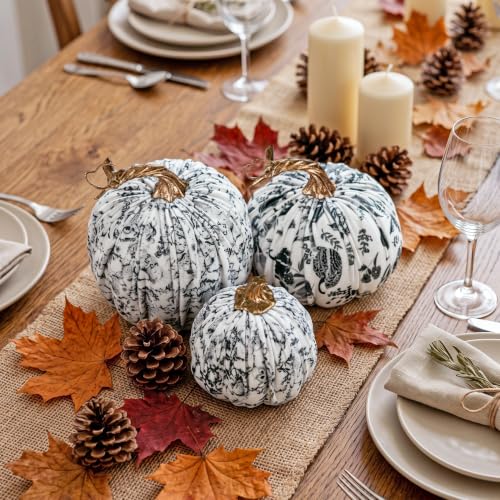 Set of 3 Velvet Fake Pumpkins - Black and White Fall Decor for Home Indoor