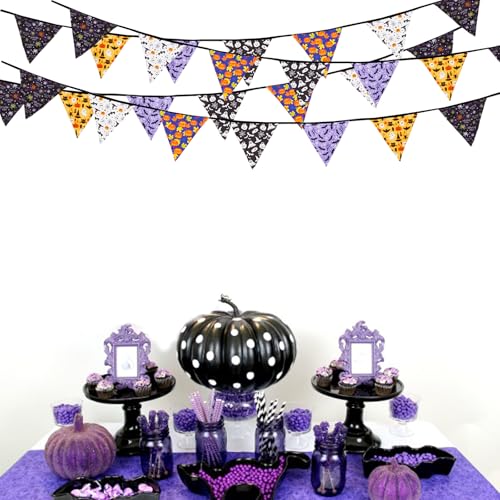 Halloween Pennant Banner Garland - 32Ft Fabric Triangle Flags for Party Decor - Black Orange Purple