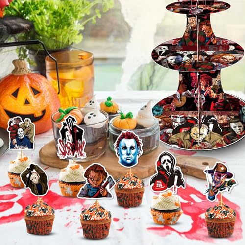Halloween Cupcake Stand with Horror Scream Design and Toppers - 3 Tier Party Decor