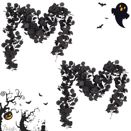 Artificial Black Eucalyptus Garland - 2 Pack, 5.91FT Halloween & Wedding Decor, Indoor Outdoor Faux Vines - Leaf Black