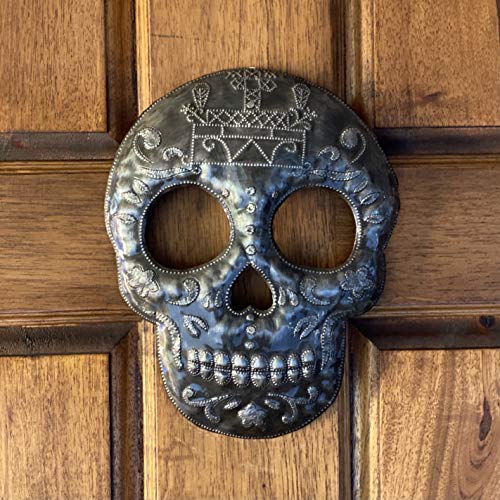 Haitian Handmade Metal Wall Sculpture Veve Skull Halloween Decor - 7.6x9.75 Inches