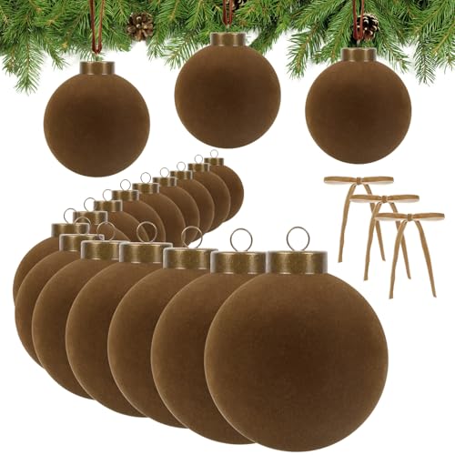 Christmas Velvet Ball Ornaments Set - Brown 15pcs with 10 Bows - Flocked Holiday Decor - Variation of Brown