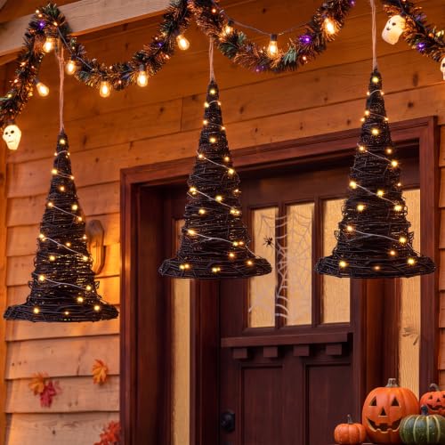Halloween Rattan Witch Hat Decor Set with LED String Lights - Indoor Outdoor 12 Inch
