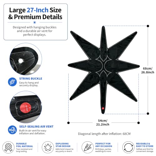 Black 27 Inch Star Balloon - Large Foil Starburst Party Decoration - Reusable