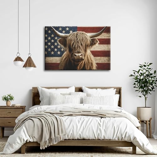 Highland Cow Wall Art American Flag Barn Decor Canvas Print - 18 x 12 Inches - Farmhouse Rustic Artwork for Living Room Bedroom Kitchen