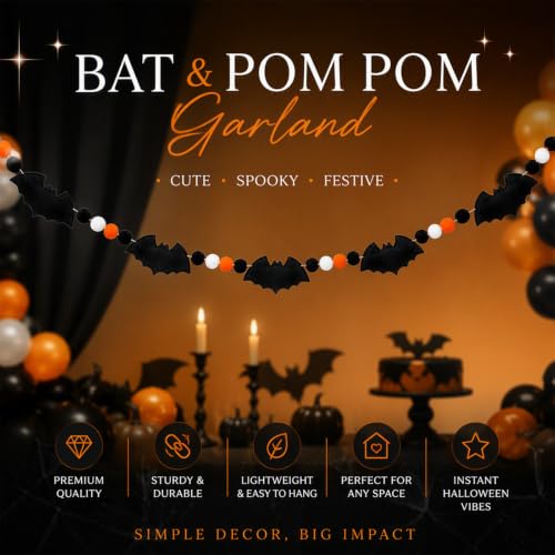 8.2ft Rustic Wood Bead Felt Bat Garland Halloween Decorations