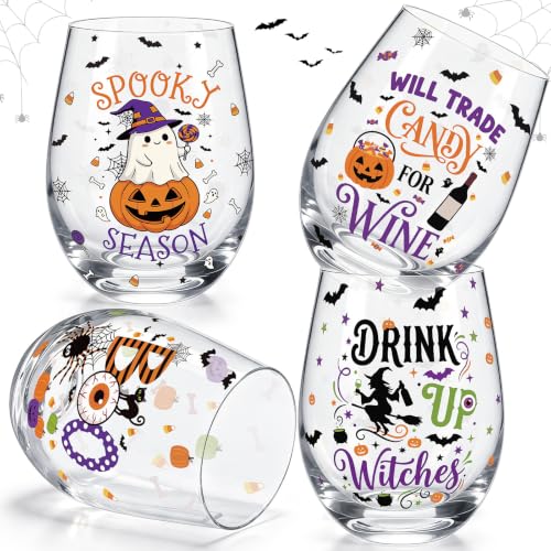 Halloween Stemless Wine Glasses Set - 4 Pieces, 17 oz Halloween Gifts for Women