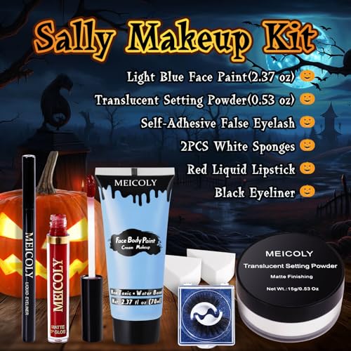 Sally Makeup Kit - Light Blue Face Paint, Lipstick, Eyeliner & Sponges for Costumes - Variation of THIS Listing