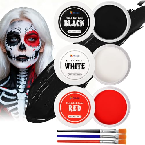 Halloween Makeup Kit with Brush - Black White Red Face & Body Paint Set (165g) - Variation: Black+White+Red