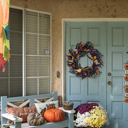 Black 20 Inch Halloween Wreath with Fall Leaves Pumpkins & Spider - Indoor Outdoor Decor