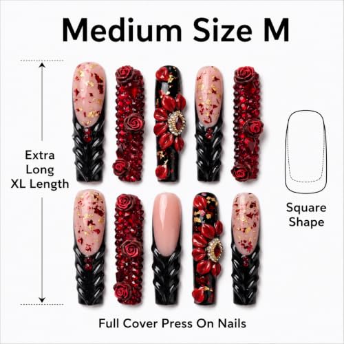 Halloween False Nails Long Square Acrylic Press-On Set with 3D Red Roses - Handmade, Reusable, Glamorous Design - Variation HM-LS-11