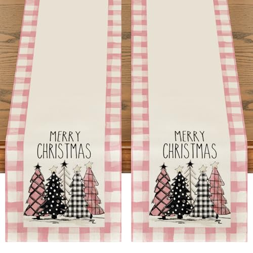 Pink Buffalo Plaid Xmas Trees Table Runner Set of 2 - 13 x 72 Inch Holiday Home Decor