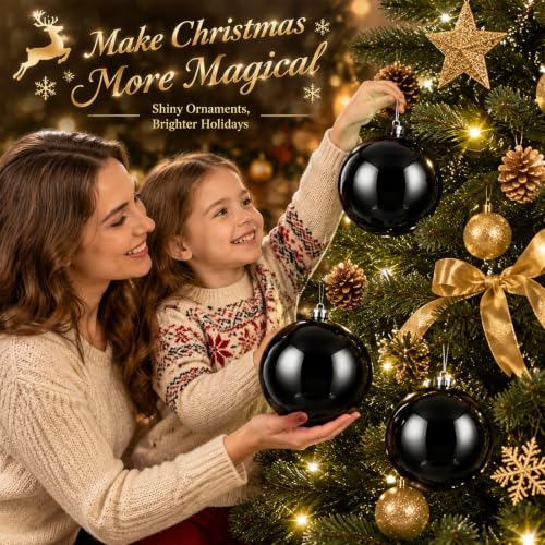 Large Black Christmas Ornaments Balls - 6 Inches Holiday Tree Decor - Set of 6