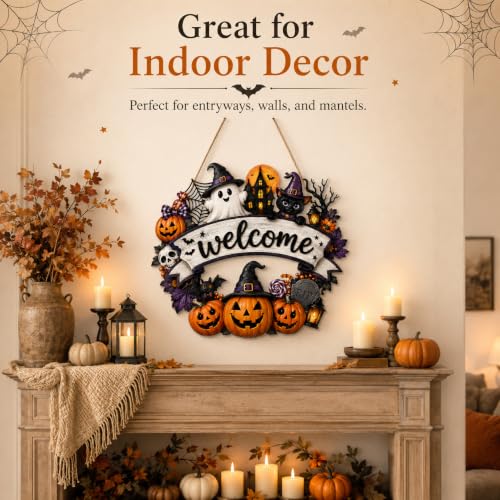 Halloween Wooden Door Wreath Sign - Rustic Fall Porch Decor with Ghost Pumpkin Bat