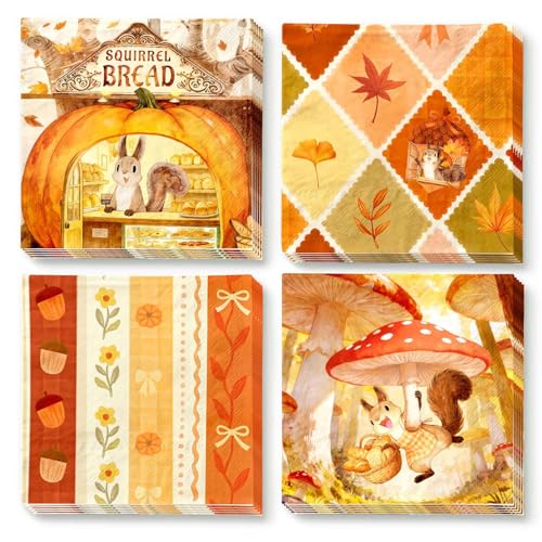 Thanksgiving Paper Napkins - Squirrel Pumpkin Fall Leaves 48 Pack, 6.5" x 6.5"