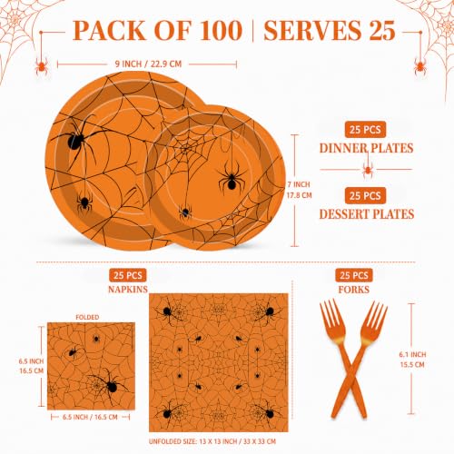 Orange Halloween Spider Web Paper Plates Napkins Party Set - 100 Pcs