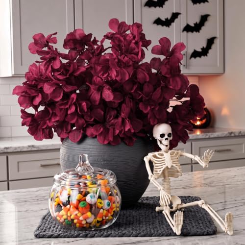 Halloween Centerpiece Tray Set with Burgundy Flowers, Pumpkin Jar & Skeleton - Indoor Decor
