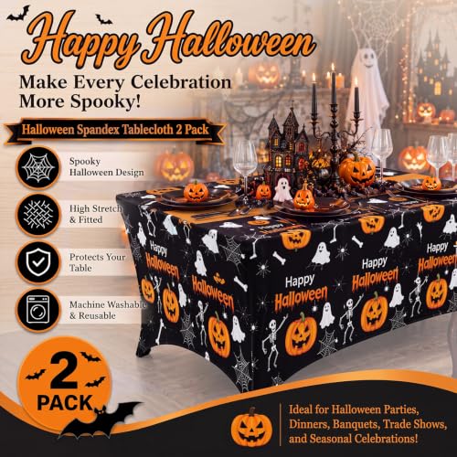 Halloween Pumpkin Ghost Spandex Tablecloth 6ft Fitted Rectangular Cover - Black, Orange, White Variation