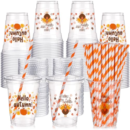 Thanksgiving Disposable Clear Plastic Cups with Maple Variation, 12 oz Set of 100