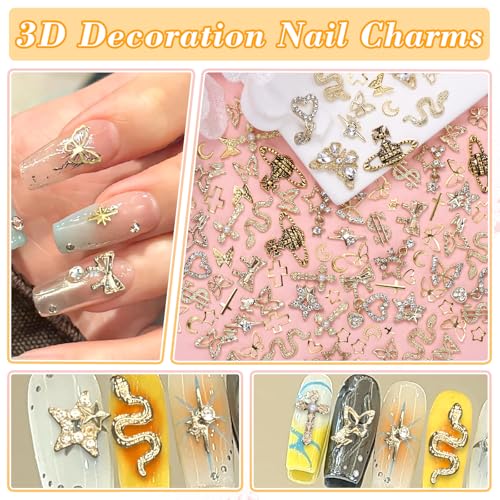 Gold Nail Charms Set with Cross Snake Star Heart Dangles - S1 Variation