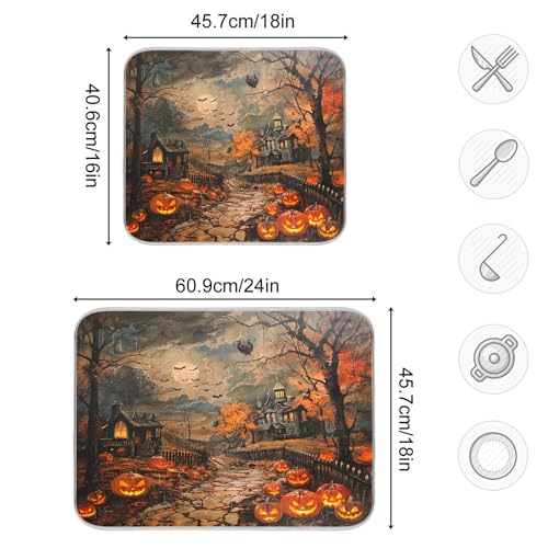 Halloween Town Dish Drying Mat - 18x18 Black Pumpkin Lantern Bat Reusable Microfiber