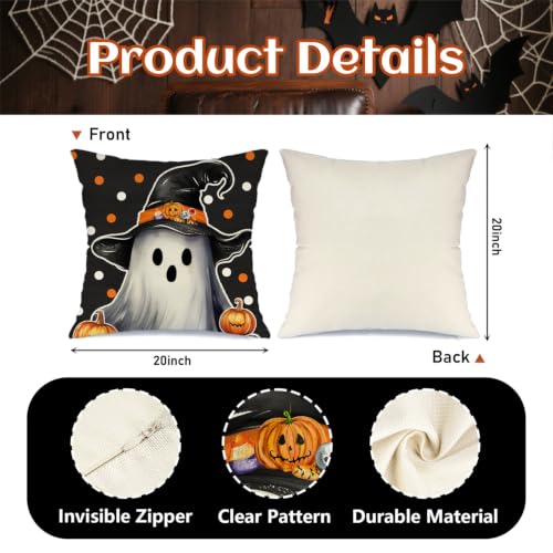 20x20 Inch Halloween Ghost Pumpkin Witch Hat Throw Pillow Covers Set of 4 - Spooky Jack O Lantern Decor