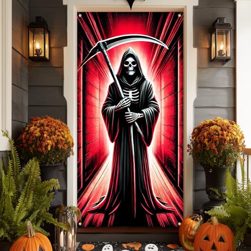 IVN Halloween Grim Reaper Hooded Skeleton Door Cover 35x71 Inch - Spooky Haunted Decor