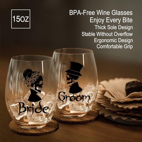 Perfectinsoy Gothic Wedding Bride & Groom Wine Glass Set with Gift Box - 2 Pieces