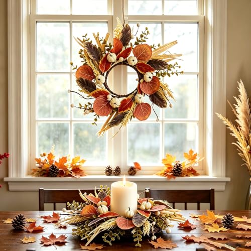 12-Inch Fall Pumpkin Wreaths Set of 4 for Autumn & Thanksgiving Decor