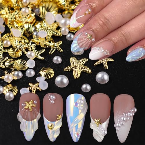 Summer Ocean Style Nail Charms Set - Gold & Silver Starfish & Seashells - 100 Pcs