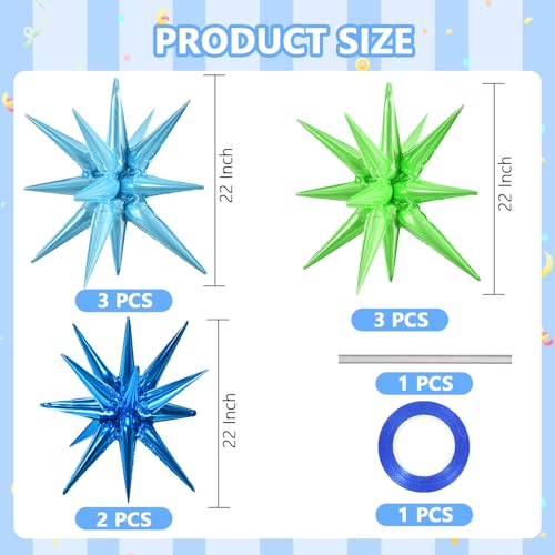 Blue Green Explosion Star Foil Balloons - 8 Pcs Party Decoration