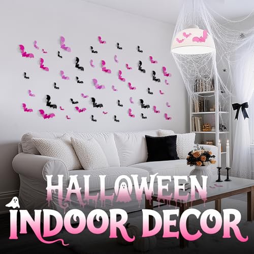 Pink Bat Halloween Decor 48Pcs Spooky Wall Stickers for Party & Outdoors - REMOVABLE