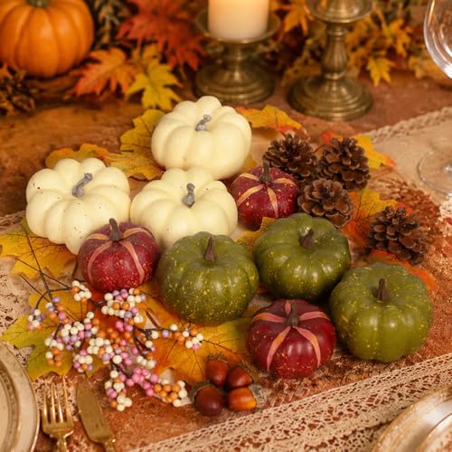 Autumn Pumpkin Decor Set - Green, Beige & Dark Brown 32 Pcs Thanksgiving Home Accent