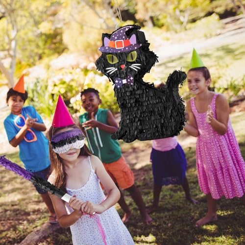 Halloween Cat Piñata with Blindfold and Stick - Black Cat Party Decor