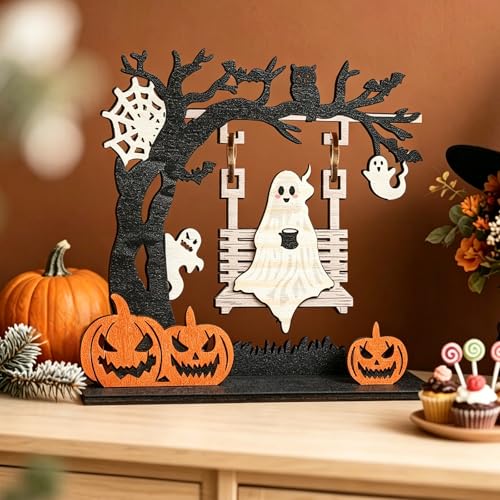 Halloween Ghost Swing Wooden Tabletop Ornament T1 - Creepy Forest Scene Decor
