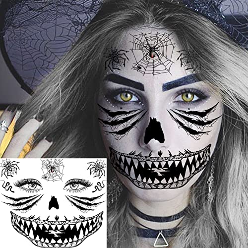Halloween Face Temporary Tattoos Set - ScaryFace Variation, 4 Sheets, Kids & Adults
