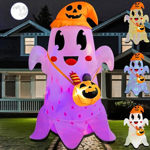 5FT Halloween Inflatable Ghost with Witch Hat and Pumpkin Candy Can with LED Light