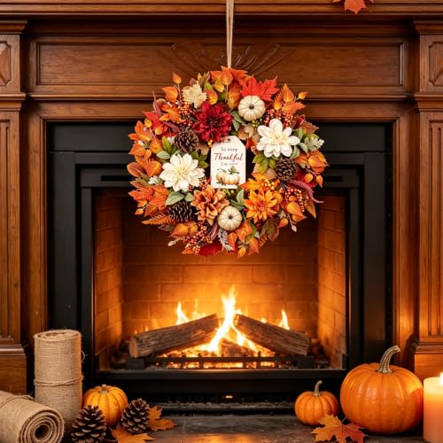 Fall Wreath for Front Door with Pumpkins Dahlias Pinecones Wood Sign - 24 Inch