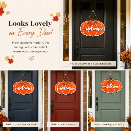 Orange Fall Pumpkin Door Hanger Wooden Welcome Sign for Home & Porch
