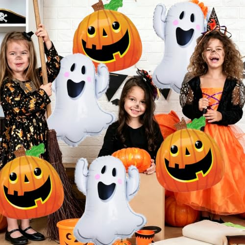 Orange Halloween Balloons Set - Ghost & Pumpkin Inflatable Party Decorations, 6 Pieces