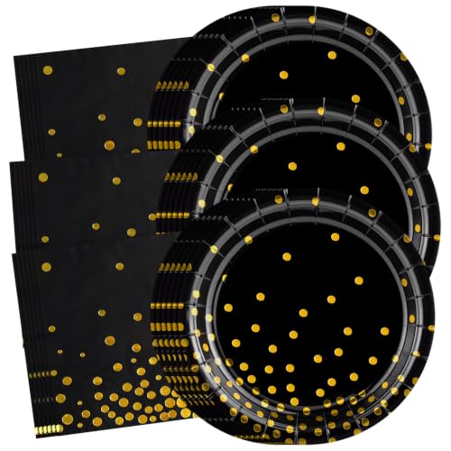 Black Gold Plates and Napkins Set - 25 Guests, Black Golden Dot Variation